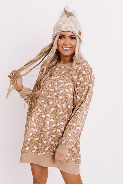 Parchment Leopard Print Side Pockets Long Sleeve Mini Dress - L & M Kee, LLC