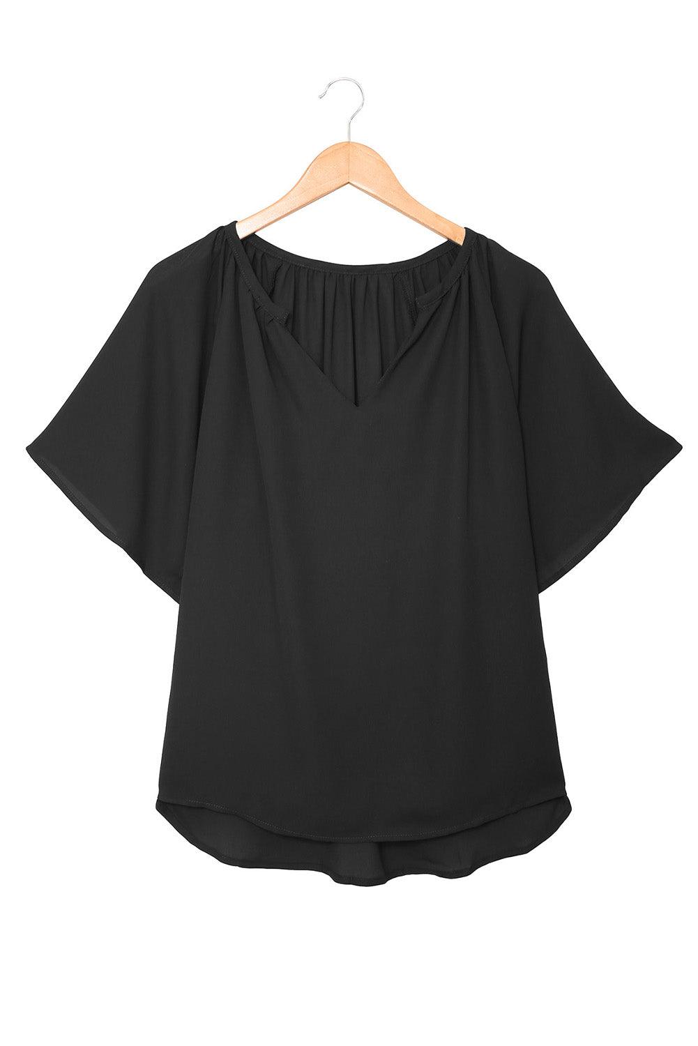 Black Split Neck Pleated Loose Top - L & M Kee, LLC