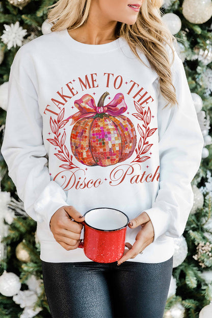 Beige Halloween Disco Ball Pumpkin Print Pullover Sweatshirt