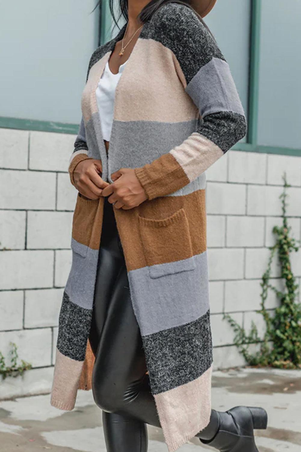 Multicolor Colorblock Open Front Long Knit Cardigan - L & M Kee, LLC