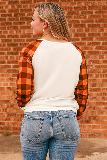 Halloween Pumpkin Graphic Plaid Raglan Long Sleeve Top - L & M Kee, LLC