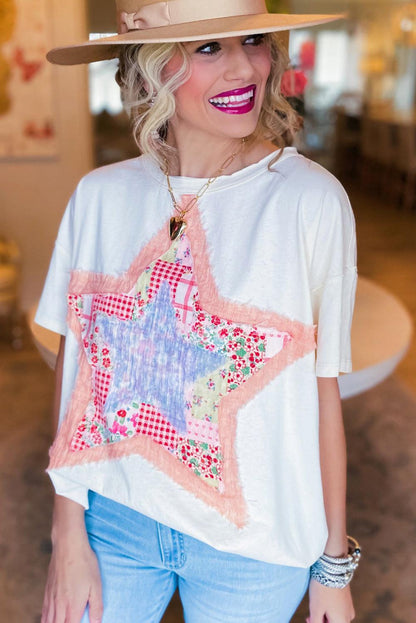 White Star Patchwork Loose T-shirt - L & M Kee, LLC