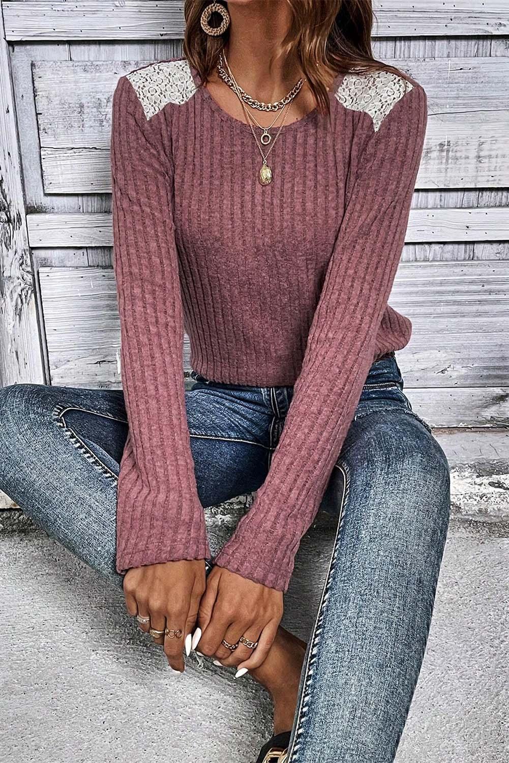 Pink Ribbed Knit Lace Patch Shoulder Casual Sweater - L & M Kee, LLC