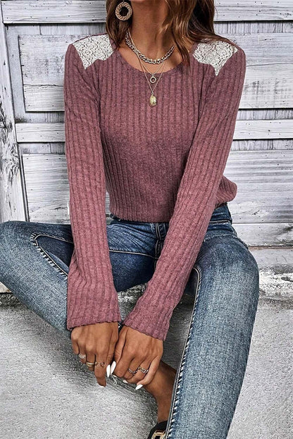 Pink Ribbed Knit Lace Patch Shoulder Casual Sweater - L & M Kee, LLC