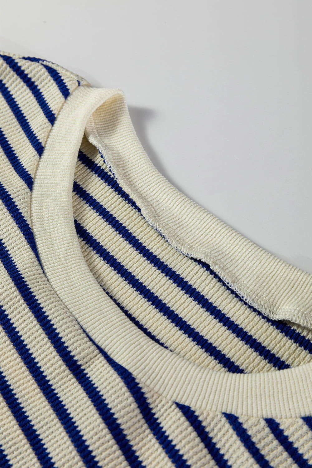 Blue Stripe Textured Elbow Patched Crew Neck Drop Shoulder Sweatshirt