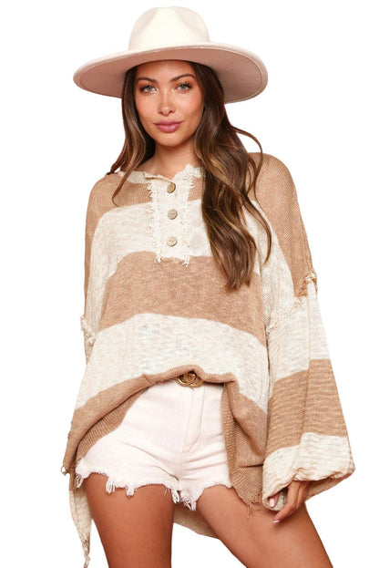 Khaki Oversized Colorblock Frayed High Low Henley Sweater - L & M Kee, LLC