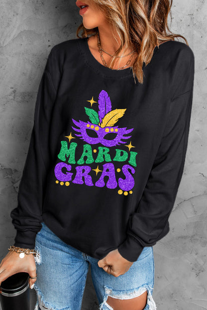 Black Heat Transfer MARDI GRAS Mask Printed Sweatshirt