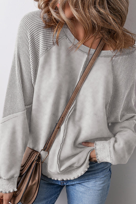 Light Grey Solid Waffle Knit Patchwork Raglan Sleeve Sweatshirt
