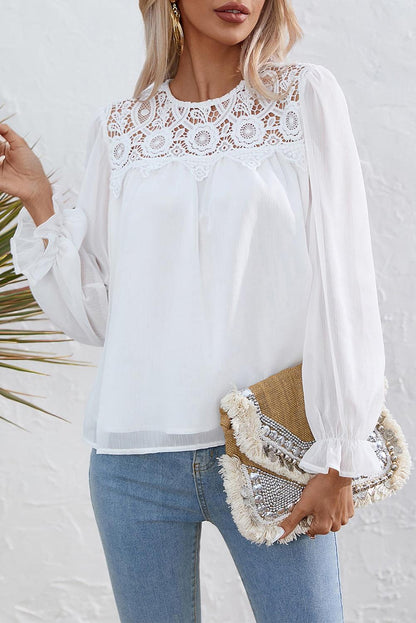 White Lace Patch Sheer Flounce Sleeve Blouse - L & M Kee, LLC