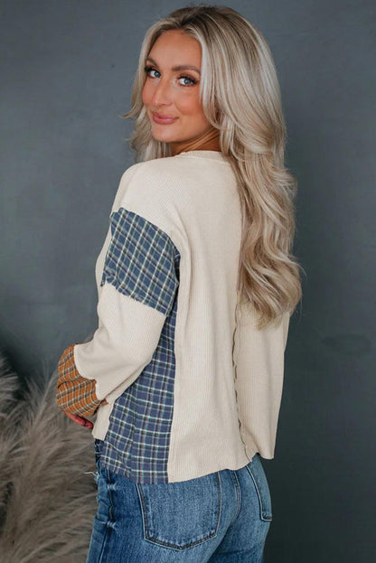 Smoke Gray Plaid Patchwork Raw Seam Long Sleeve Top - L & M Kee, LLC