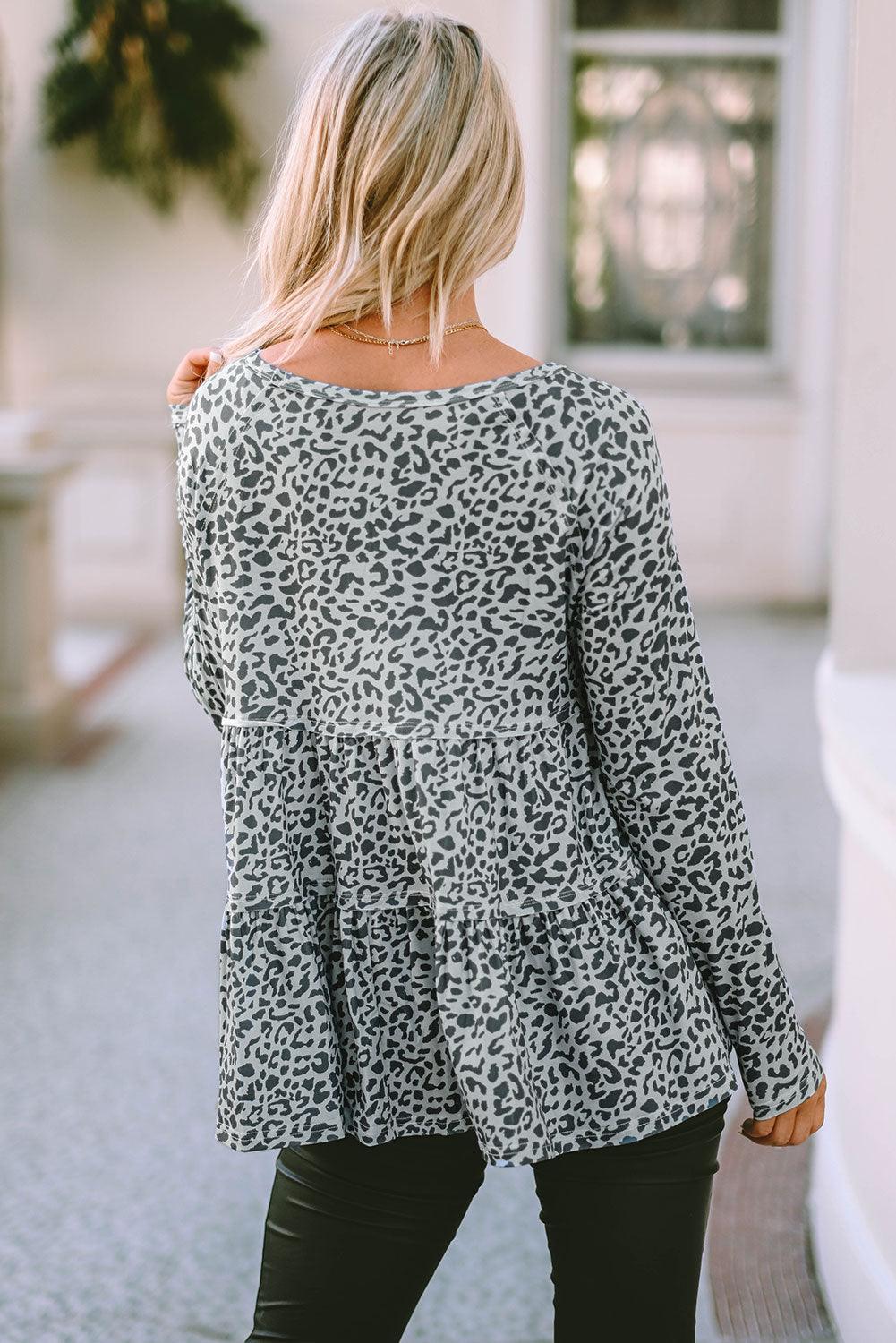 Leopard Print Long Sleeve Ruffled Babydoll Blouse - L & M Kee, LLC