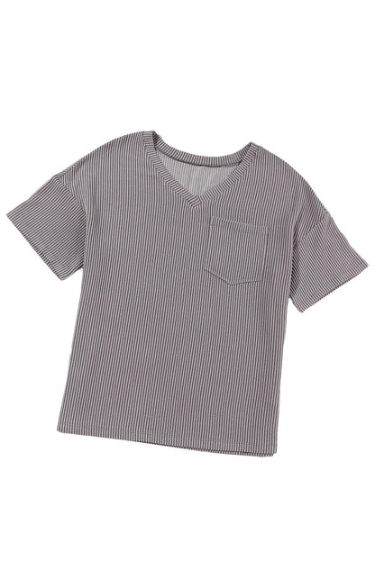 Light Grey Corded V Neck Chest Pocket Loose T-shirt - L & M Kee, LLC