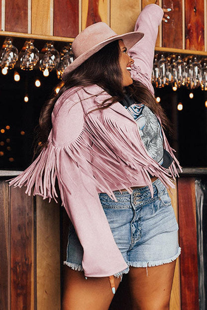 White Fringe Plus Size Cropped Jacket - L & M Kee, LLC