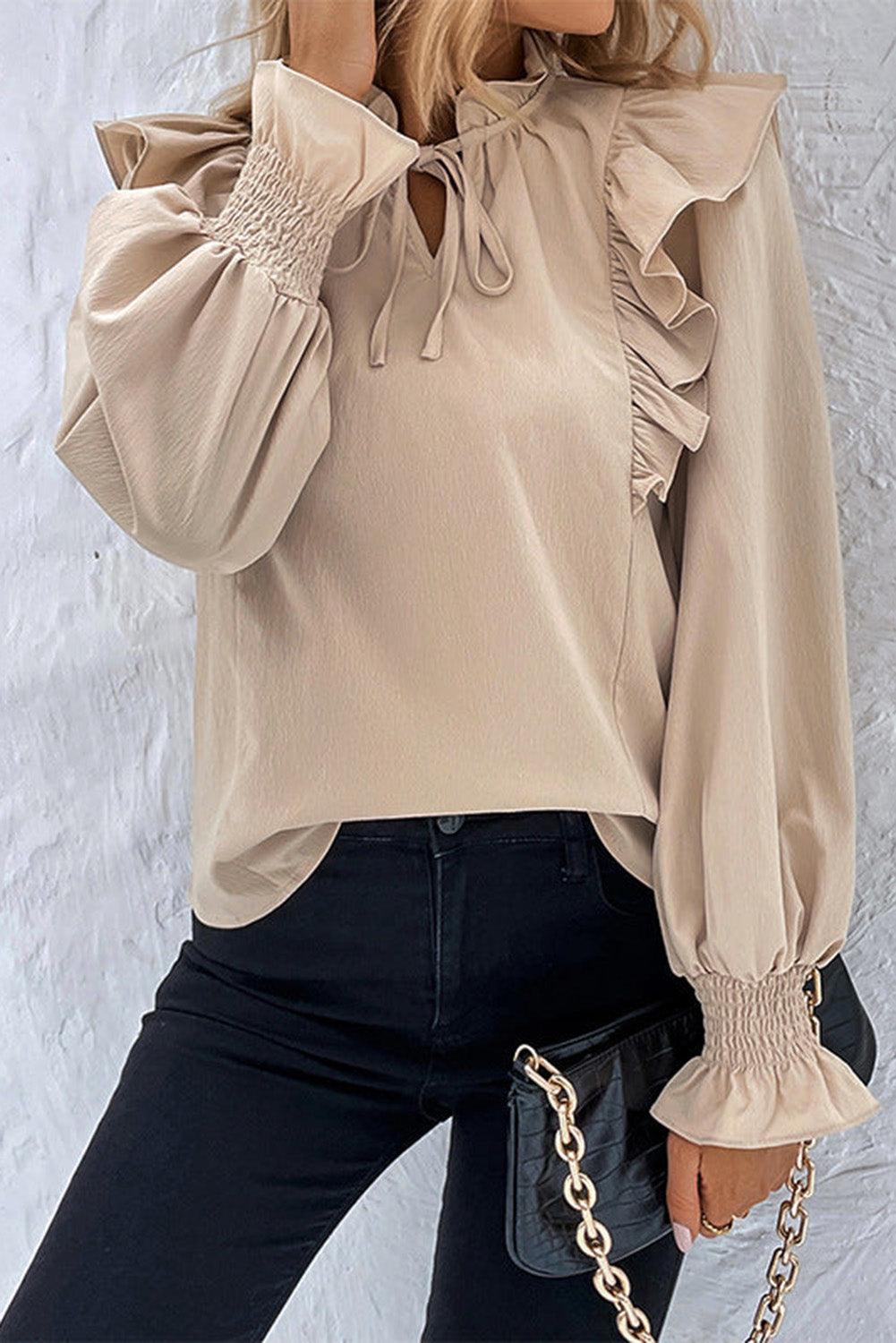 Khaki Ruffled Lace up Bubble Sleeve Blouse - L & M Kee, LLC