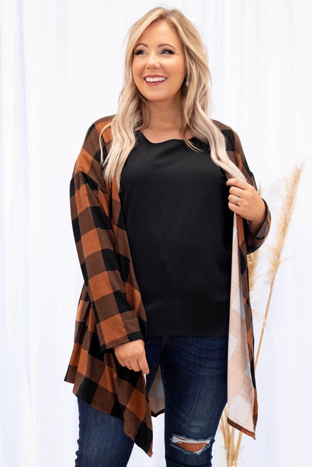 Plus Size Plaid Pattern Open Front Cardigan - L & M Kee, LLC