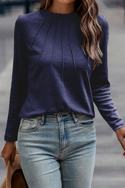 Navy Blue Solid Color Seam Detail Raglan Long Sleeve Top