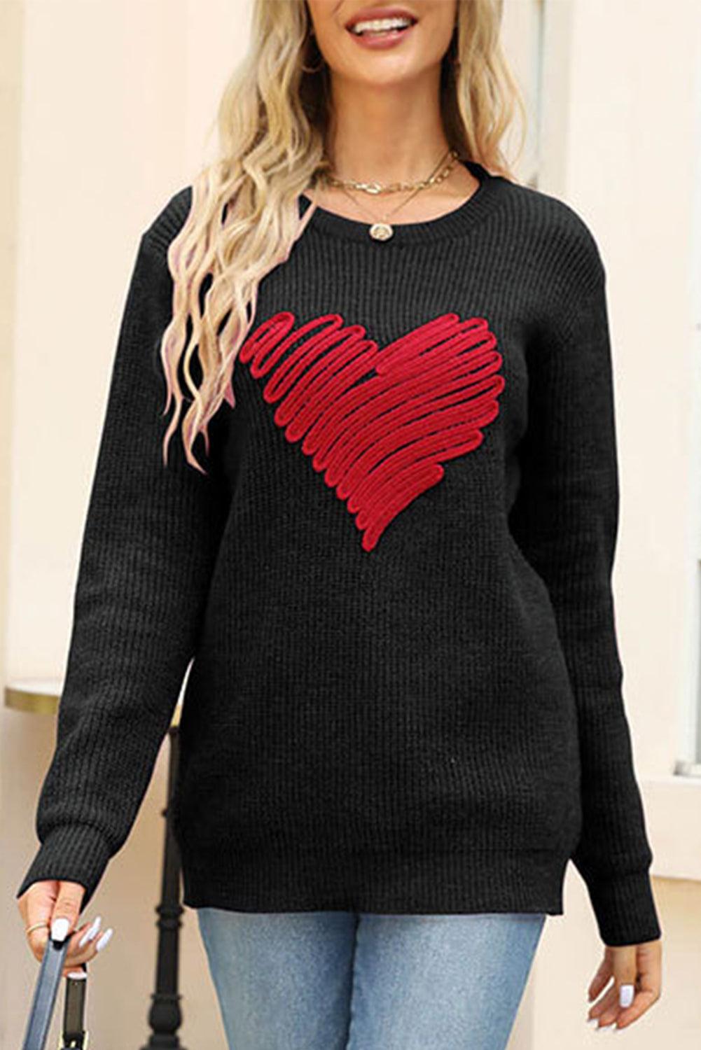 Black Valentines Heart Sketch Round Neck Sweater - L & M Kee, LLC