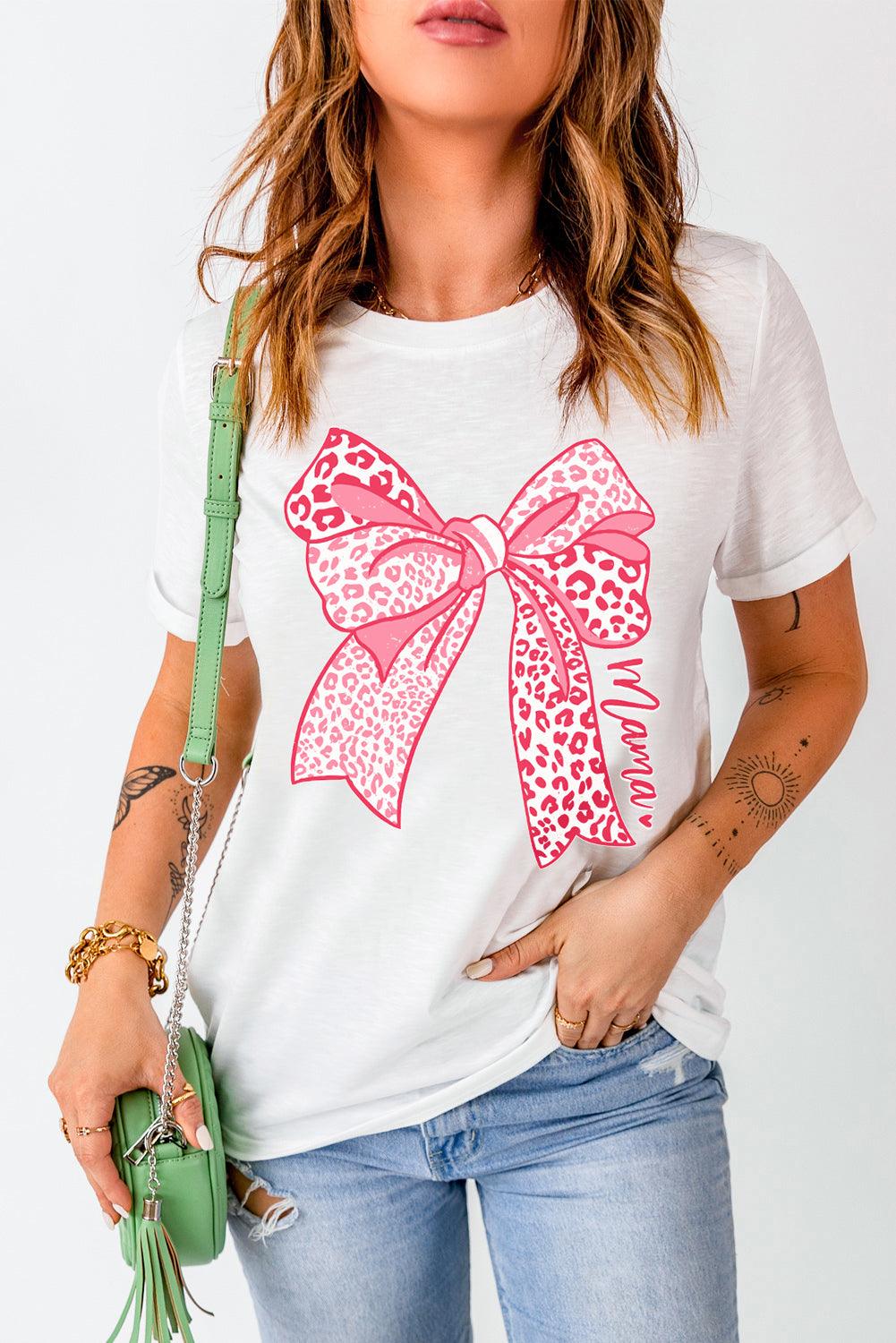 White Leopard Bow Graphic Mothers Day Fashion T Shirt - L & M Kee, LLC