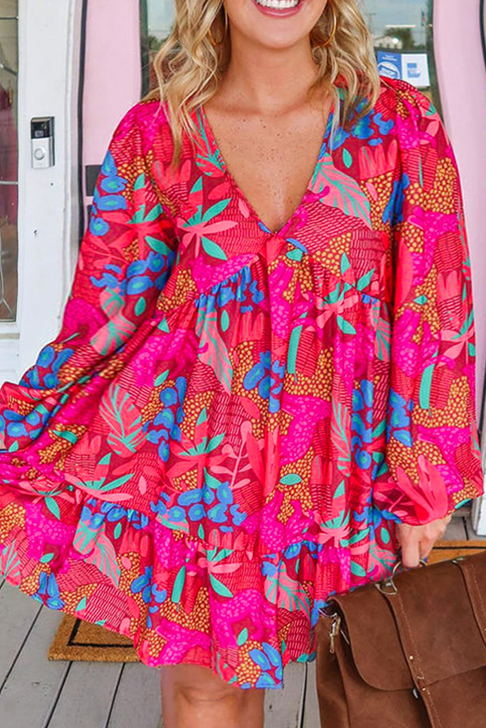 Rose Tropical Printed Lantern Sleeve V Neck Ruffled Plus Size Mini Dress