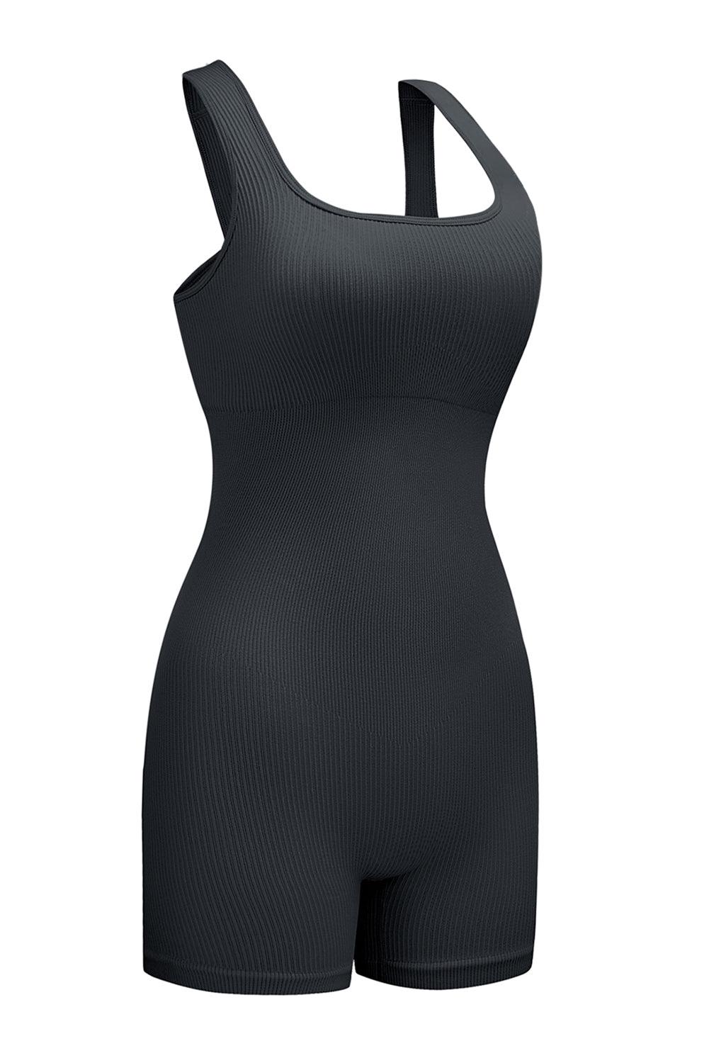 Gray Ribbed Square Neck Padded Sports Romper - L & M Kee, LLC