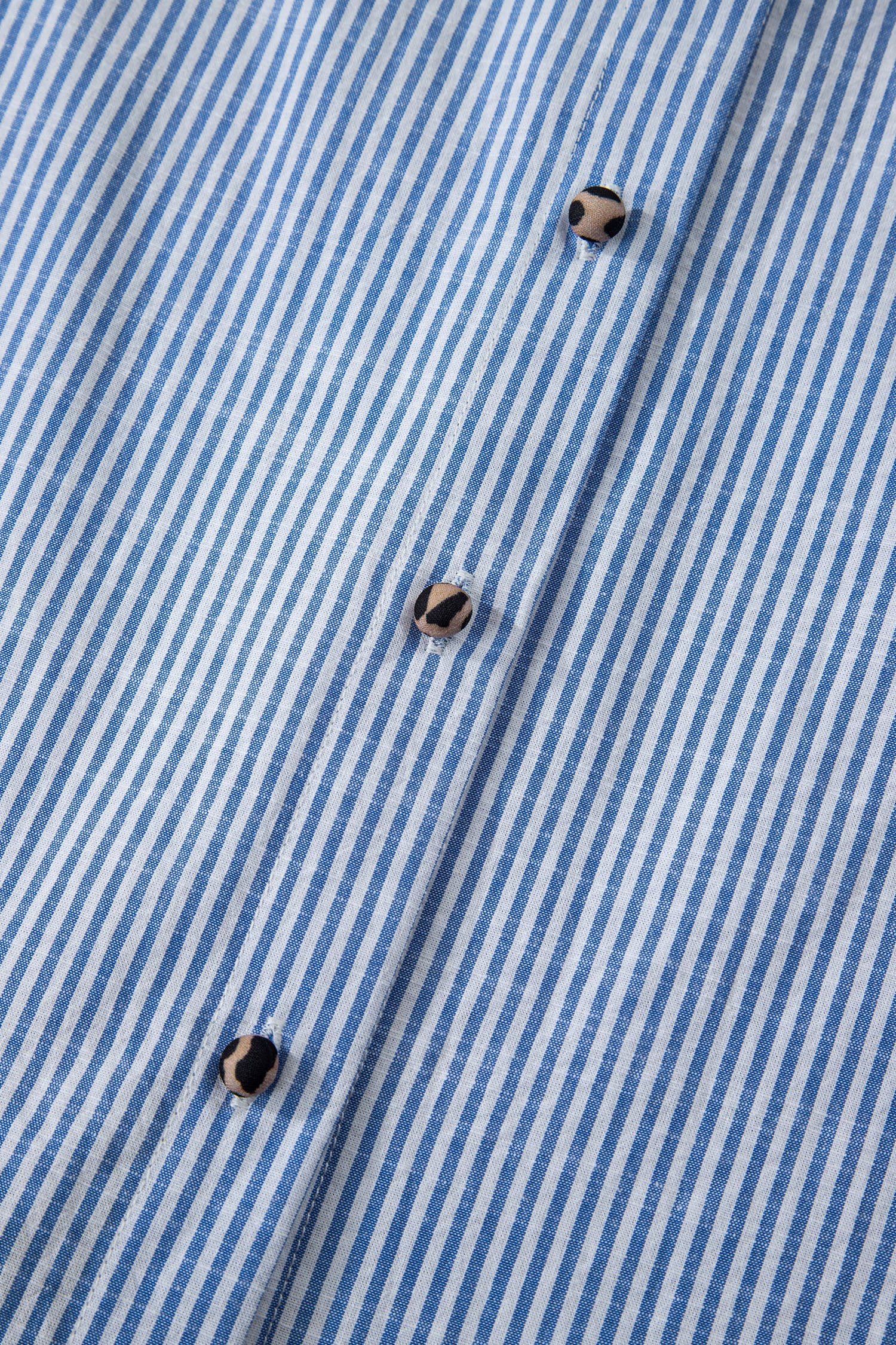 Sky Blue Stripe Contrast Frilled Leopard Trim Casual Long Sleeve Shirt