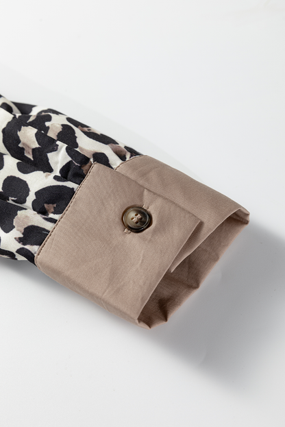 Multicolour Leopard Print Contrast Patchwork Cuffs Button Collared Top