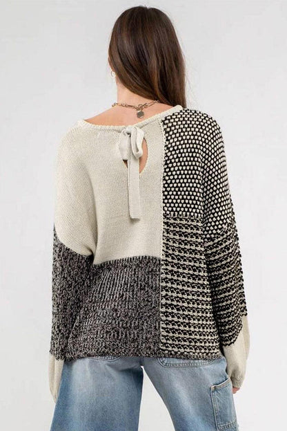 Black Neutral Colorblock Tie Back Sweater - L & M Kee, LLC