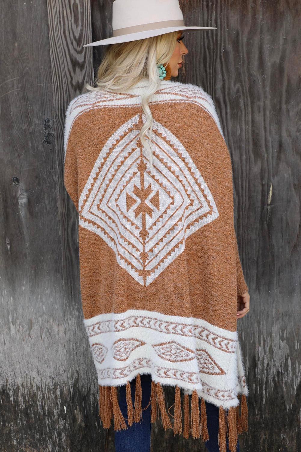 Western Furry Knit Tassel Hem Cardigan - L & M Kee, LLC