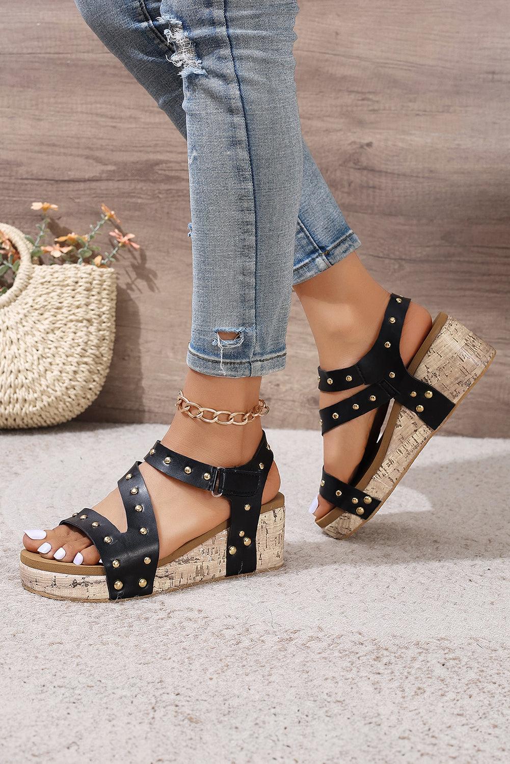 Black Rivet Hollow Out Leather Wedge Sandals - L & M Kee, LLC