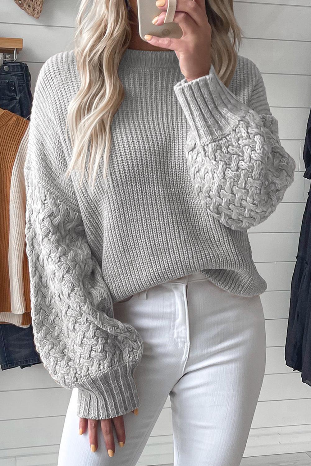 Parchment Cable Knit Sleeve Drop Shoulder Sweater - L & M Kee, LLC