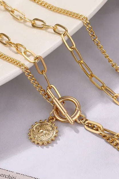 Gold Plated Vintage Carved Coin Pendant Chain Necklace