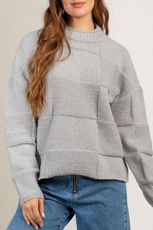 Gray Mock Neck Checkered Textured Sweater - L & M Kee, LLC