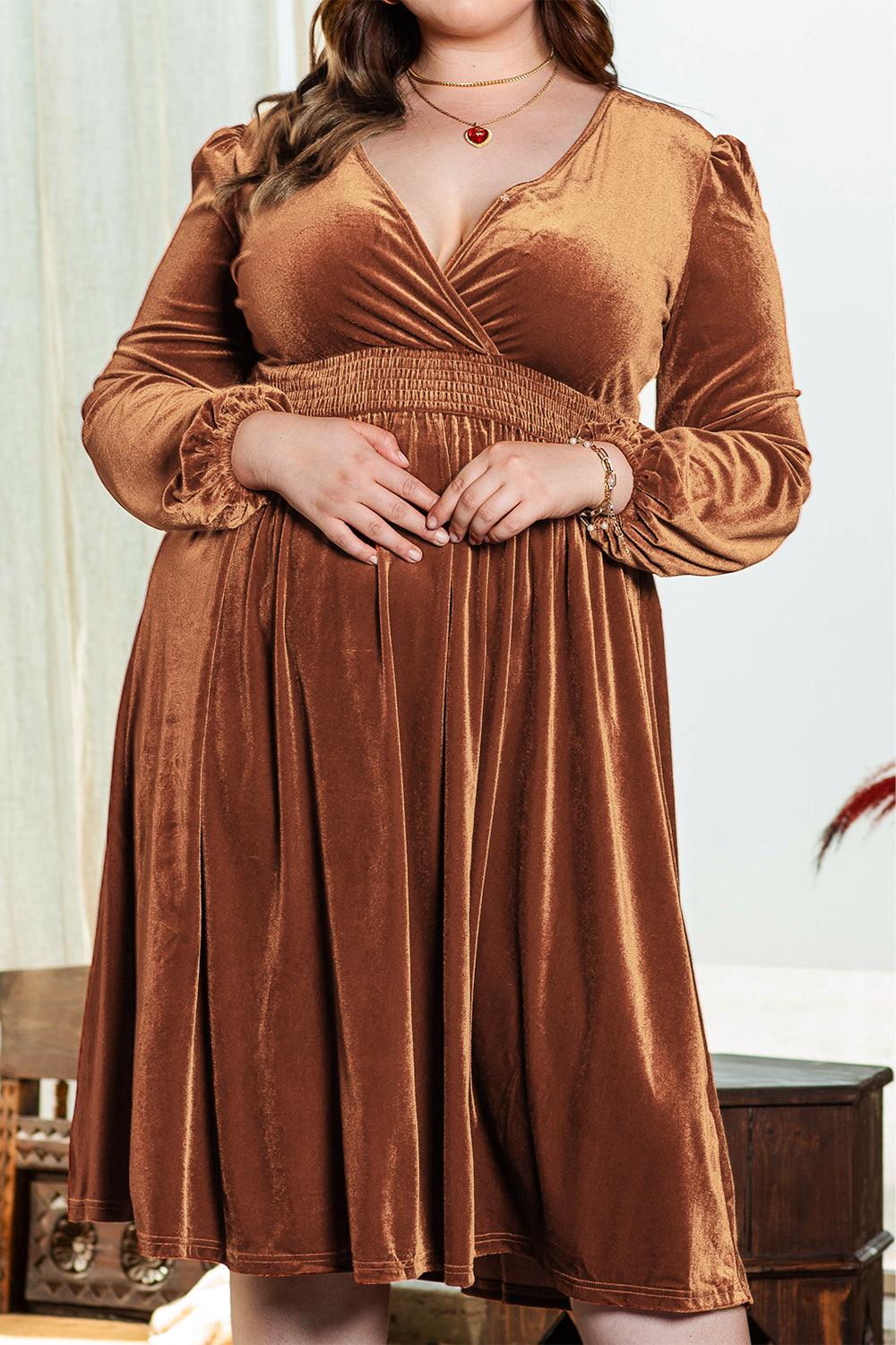 Camel Surplice V Neck Balloon Sleeve Velvet Dress - L & M Kee, LLC