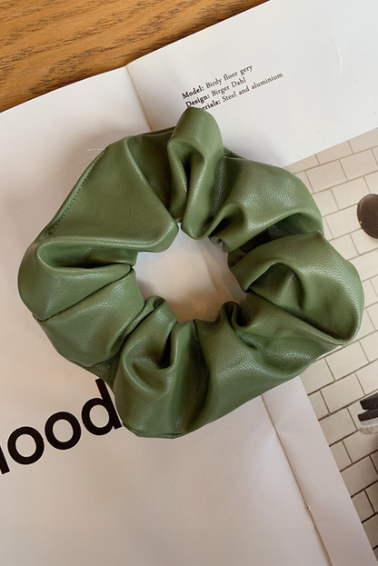 Grass Green Solid PU Leather Elastic Hair Scrunchie