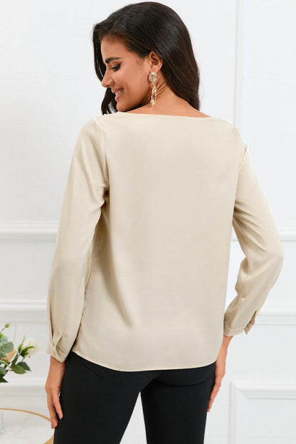 Solid Asymmetric V Neck Long Sleeve Satin Blouse - L & M Kee, LLC