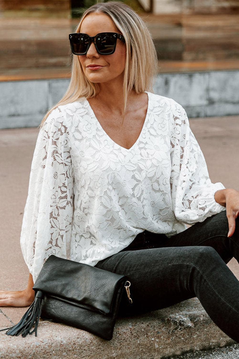 Floral Lace Crochet Loose Fit V Neck Top - L & M Kee, LLC