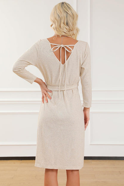 Beige Knotted Waist Side Split Open Back Midi Dress - L & M Kee, LLC