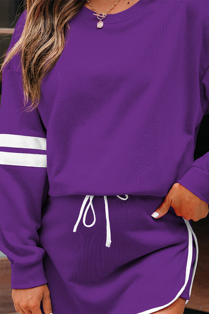 Tillandsia Purple Varsity Stripe Detail Drop Shoulder Pullover Mini Skirt Set