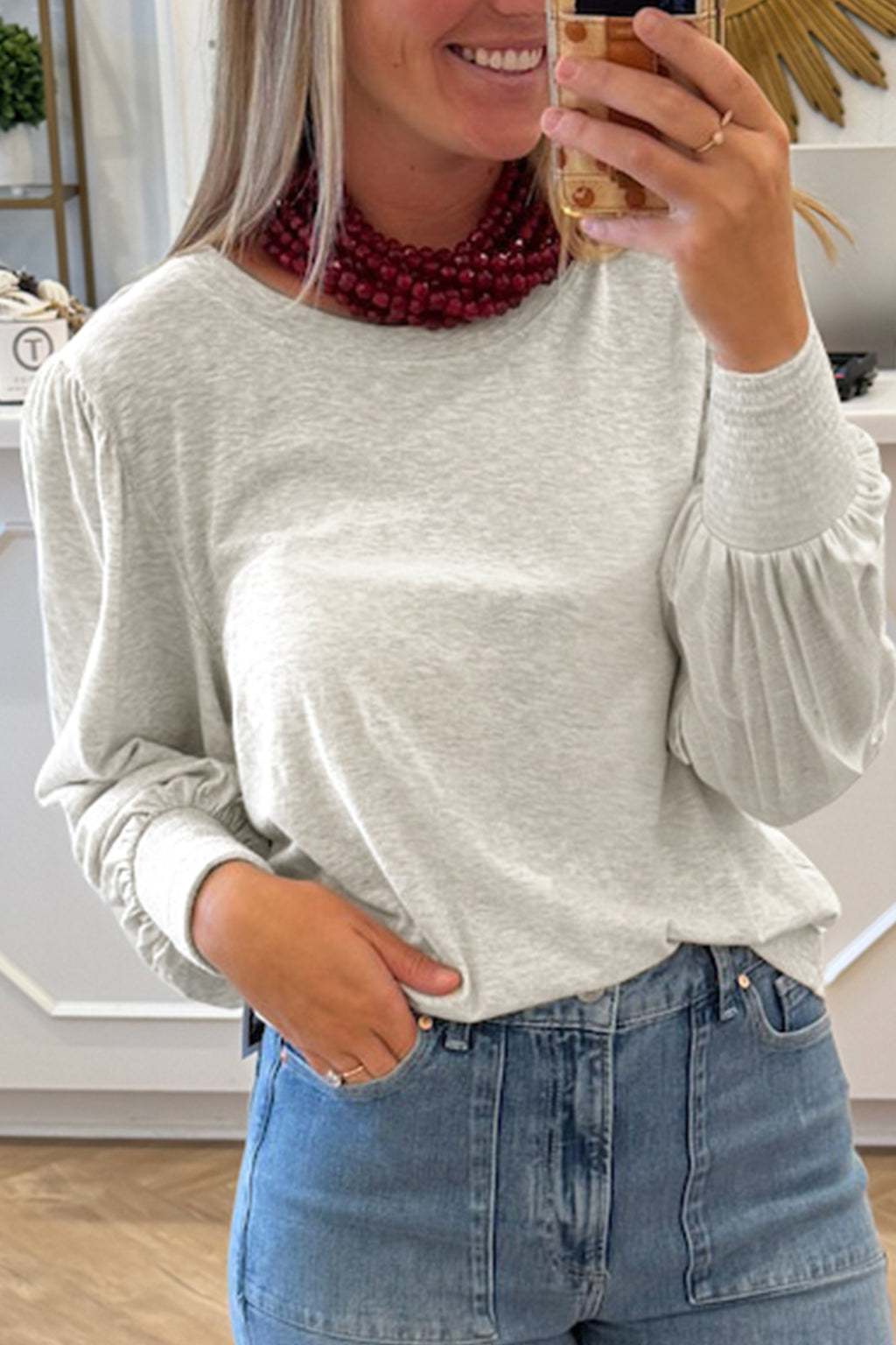 Oatmeal Shirred Cuffs Puff Sleeve Peasant Top