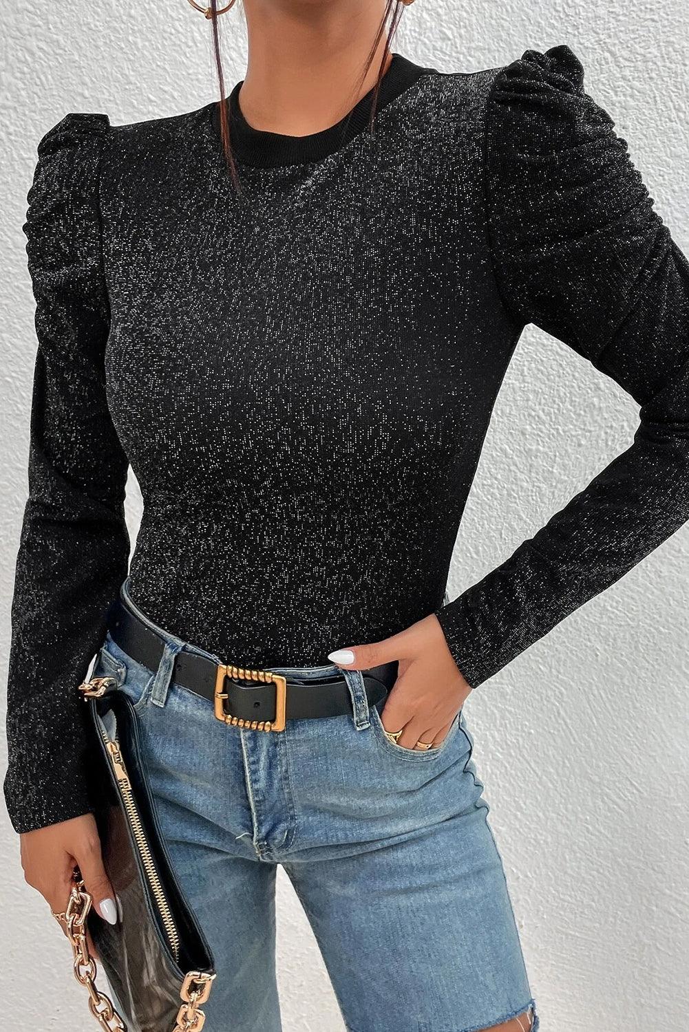 Black Gigot Sleeve Metallic Knit Slim Fit Top - L & M Kee, LLC