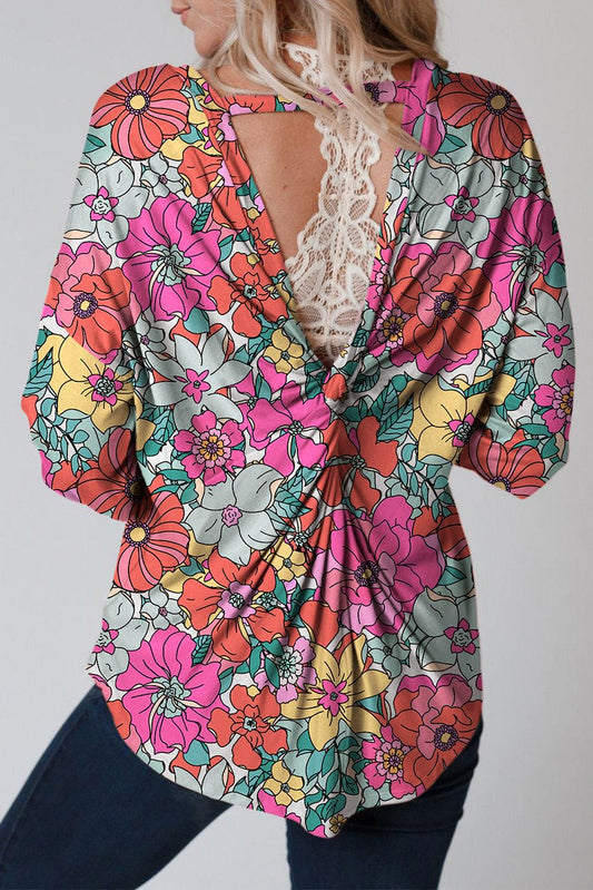 Multicolor Twisted Hollow-out Back Floral Long Sleeve Top - L & M Kee, LLC