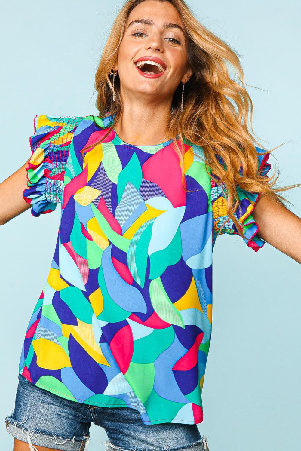 Multicolor Abstract Print Stitching Ruffle Sleeve Blouse - L & M Kee, LLC