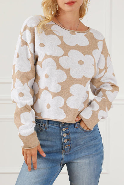 Light French Beige Flower Pattern Cropped Sweater - L & M Kee, LLC