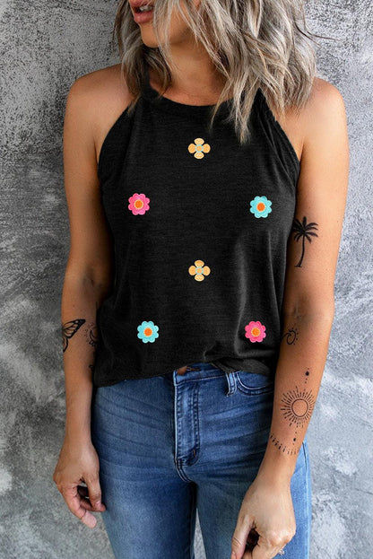 Black Sweet Floral Embroidery Casual Tank Top - L & M Kee, LLC