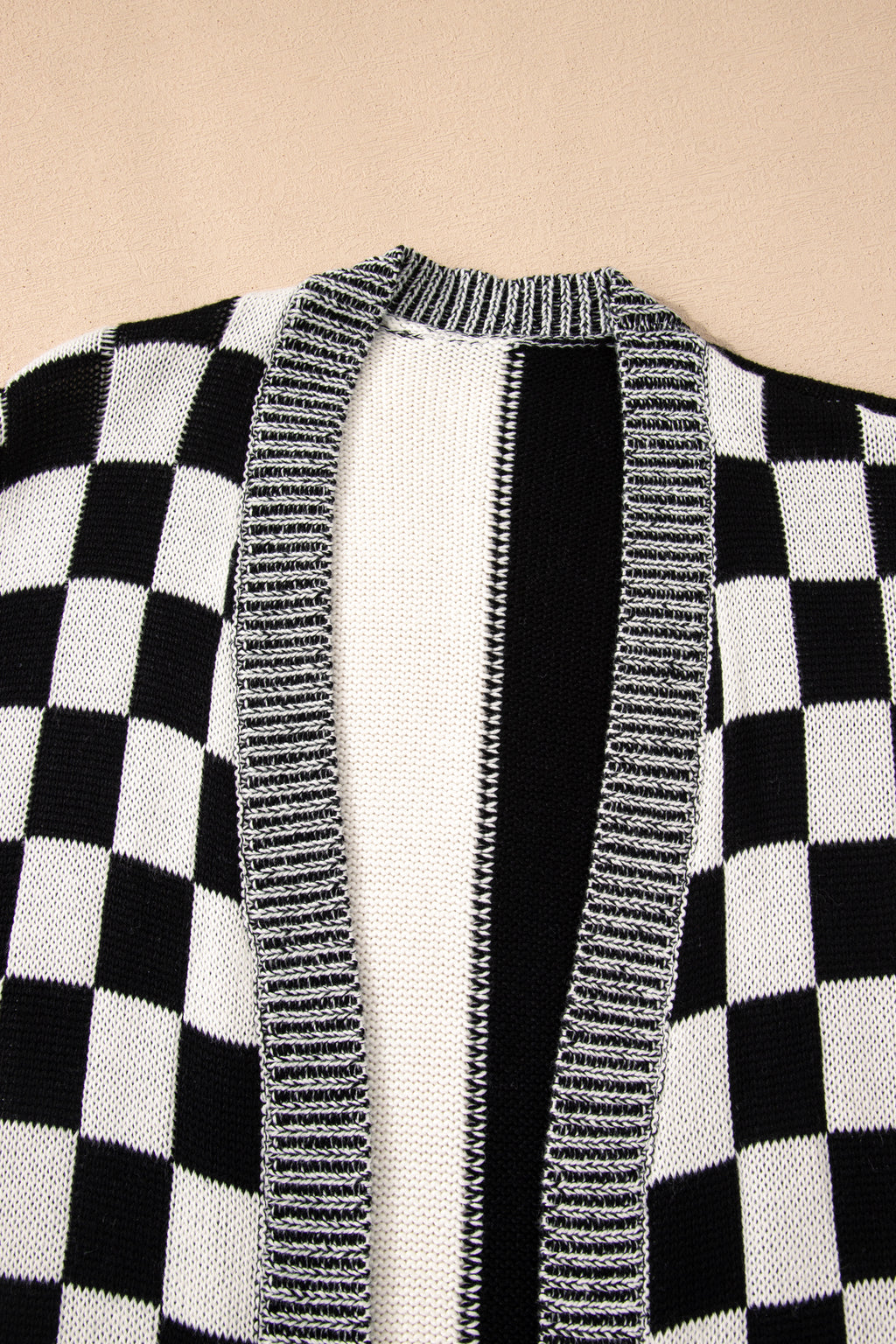 Black Checkered Bubble Sleeve Drop Shoulder Open Cardigan