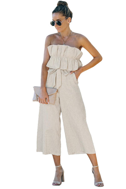 Beige Ruffled Strapless Wide Leg Jumpsuit - L & M Kee, LLC