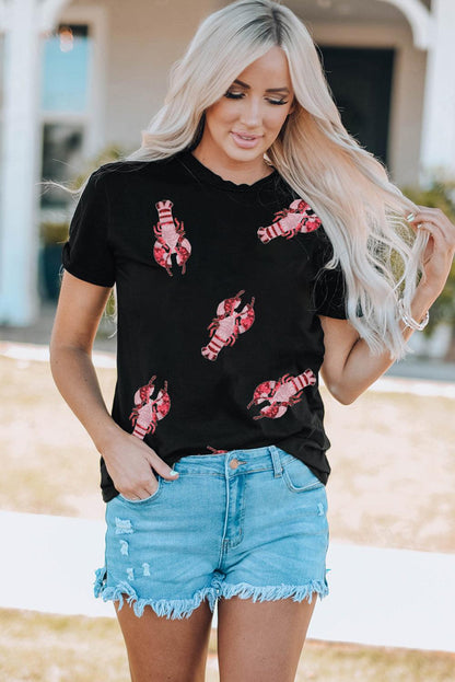 Black Sequined Crayfish Round Neck Graphic Tee - L & M Kee, LLC