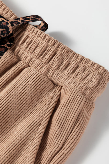 Rose Tan Lace Drawstring Pullover Hoodie and High Waist Pants Corduroy Suit