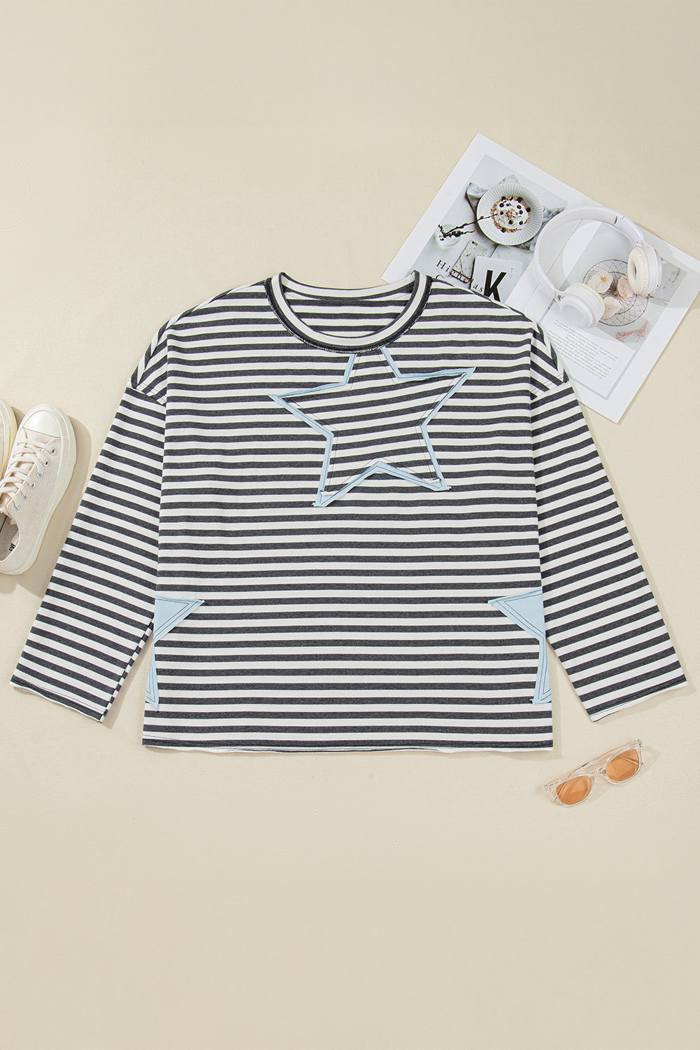 Gray Stripe Contrast Star Stitched Plus Size Long Sleeve Top