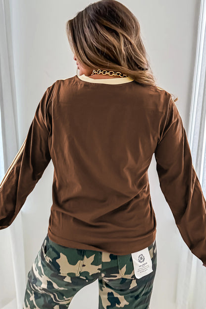 Dark Brown Varsity Striped Accent Contrast Crew Neck Long Sleeve T Shirt